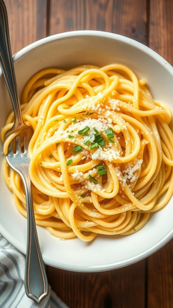 A bowl of butter noodles with parmesan cheese, garnished with parsley on a wooden table.